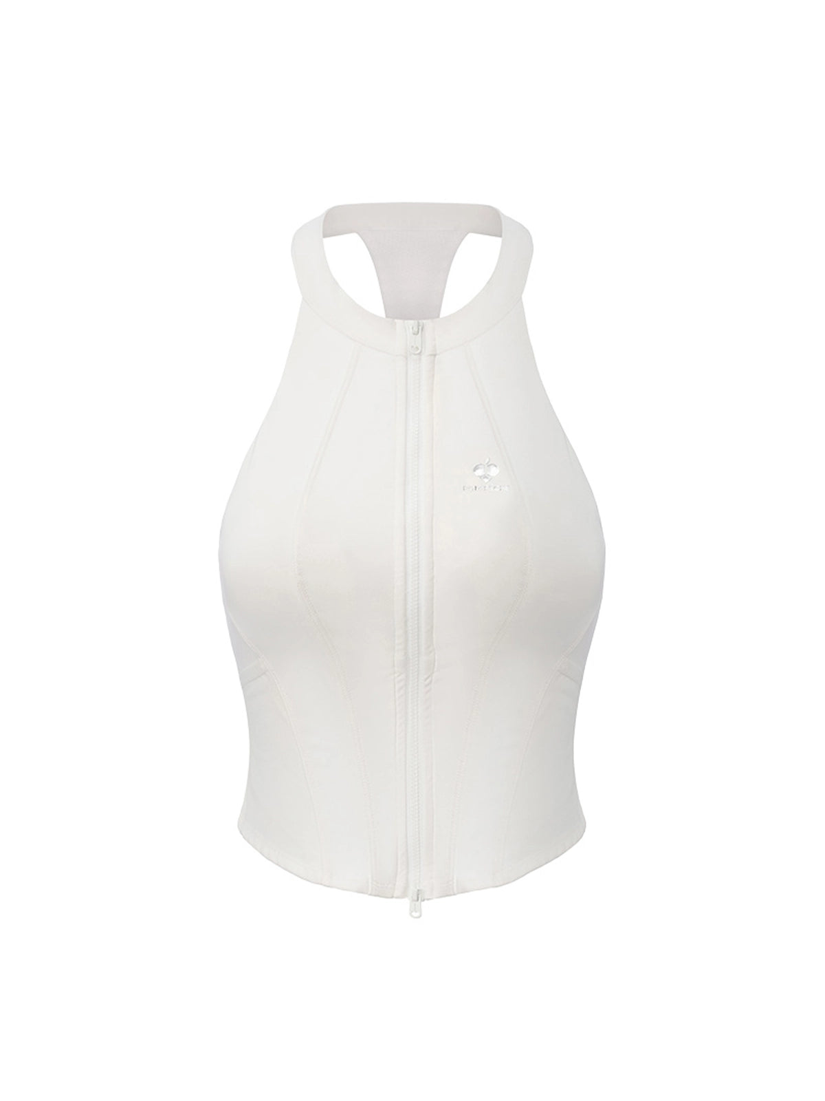 Flat lay of Pom Pêche Zip-Neck Halter Racerback Tank in white – high halter neckline, full-length front zip with protective guard, open racerback silhouette and Pom Pêche logo on white background