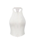 Flat lay of Pom Pêche Zip-Neck Halter Racerback Tank in white – high halter neckline, full-length front zip with protective guard, open racerback silhouette and Pom Pêche logo on white background