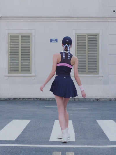 Short Pleated Tennis Skirt Navy Blue - Asymmetrical Charm