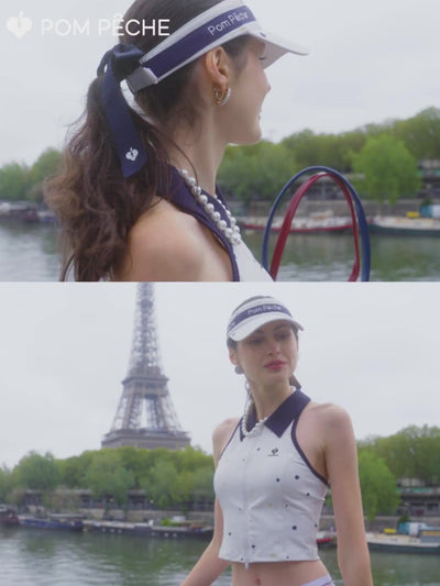 Tennis Zip Tank Top White with Navy Collar