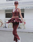 Ruffle Skirted Flared Tennis Pants - Coffee Brown