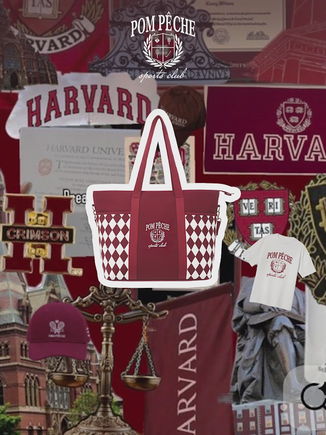 Pom Pêche wine red checkered tennis tote bag with embroidered logo.