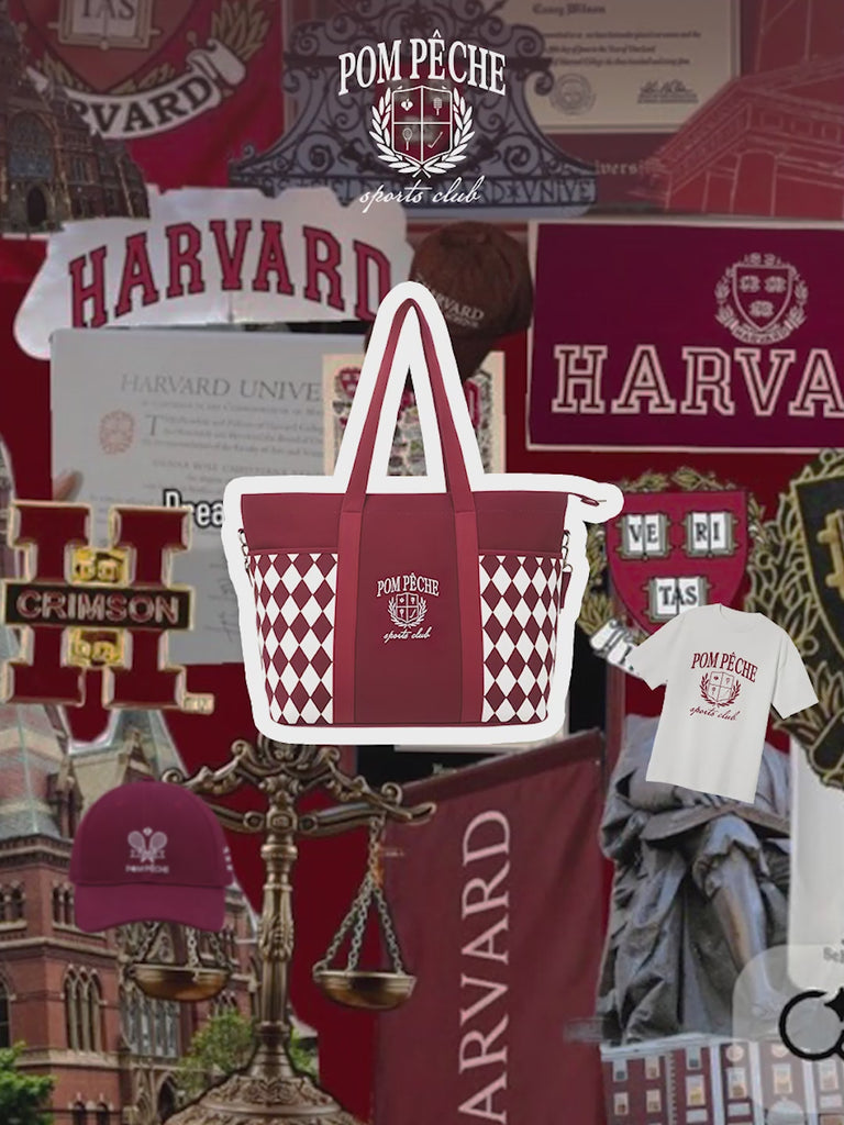 Pom Pêche wine red checkered tennis tote bag with embroidered logo.
