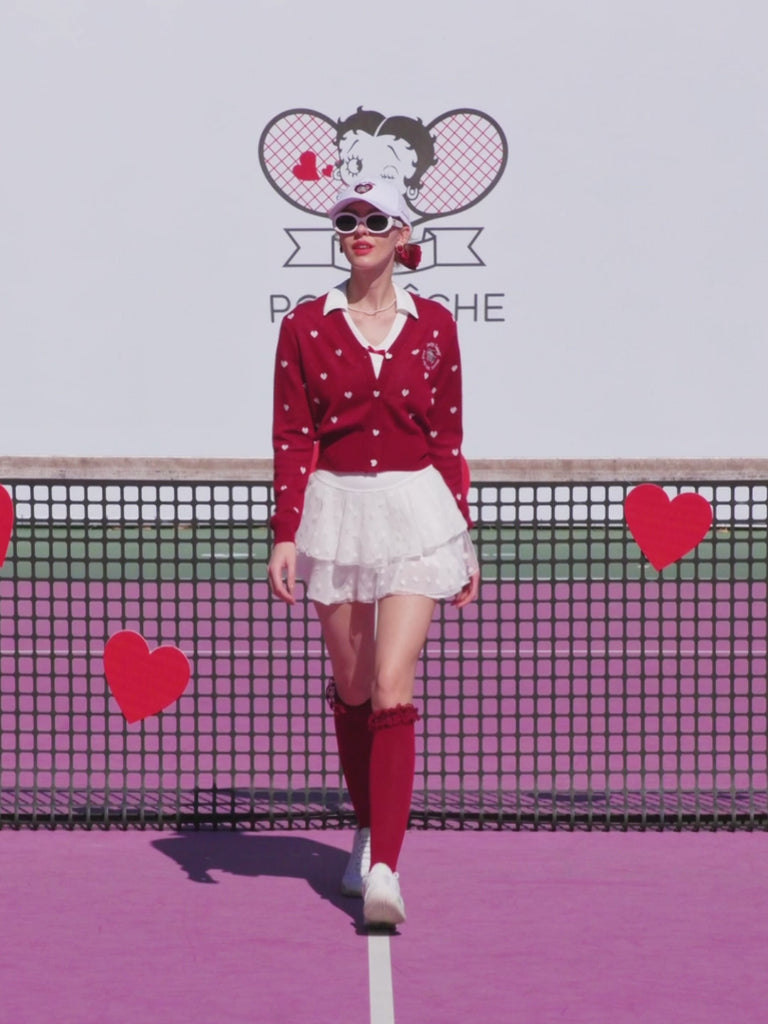 Video of model walking in Betty Boop Heart Knit Cardigan - Paris Red
