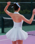 White rose halter tank and petal tiered tennis skirt set back view, women’s sporty tennis outfit