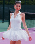 Rose halter tank and petal tiered tennis skirt set in white, women’s elegant tennis outfit front view