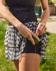 Tennis Skirt with UPF 50+ & Four Side Pockets – Holds 8 Balls, Spin™ Diamond Tiered Black Running Skirt