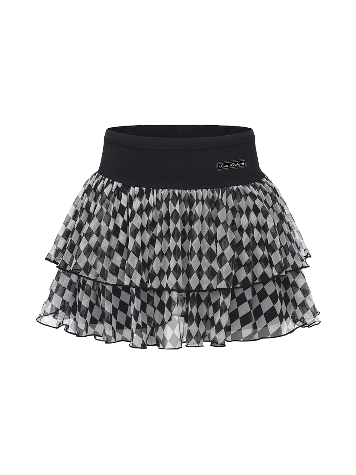 Spin™ Diamond Tiered High-Waisted Running Skirt Black – Checkered Chiffon Women's Sports Skirt, Pom Pêche