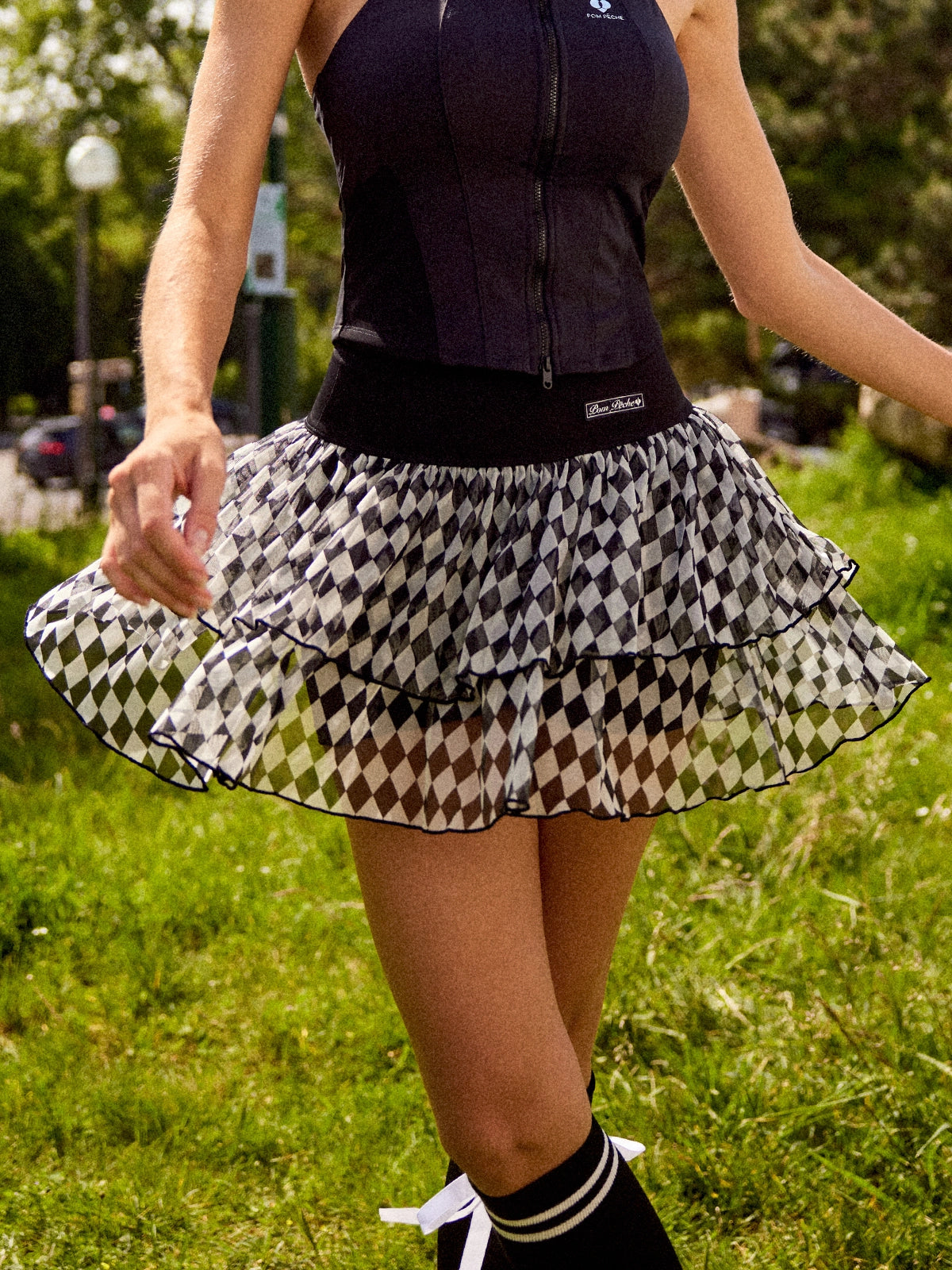 Spin™ Diamond Tiered Running Skirt Black – Flowy High-Waisted Checkered Skirt for Tennis, Running &amp; Pickleball