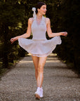 Spin™ LaRose Layered Tennis Skirt White – Women's A-line Rose Lace Trim Athletic Skirt, Garden Editorial Style, Pom Pêche