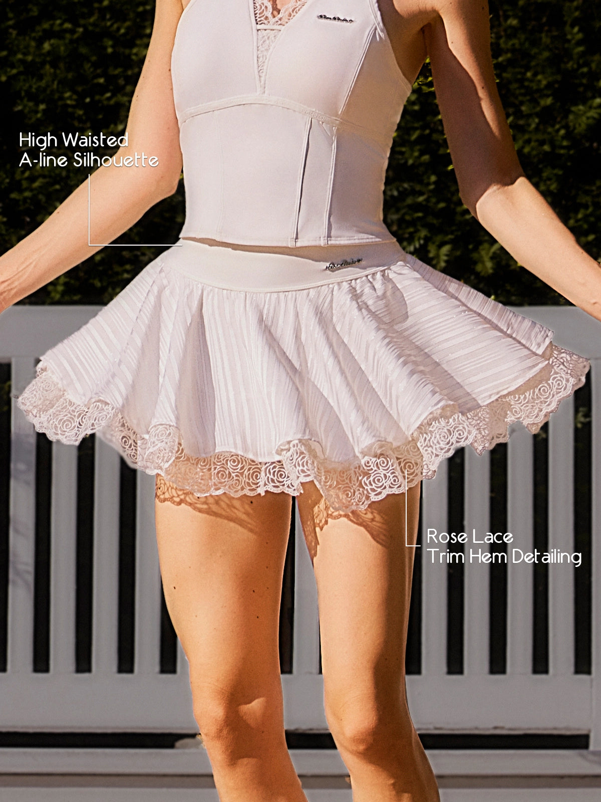 Women's Tennis Skirt with High-Waisted A-line Silhouette & Rose Lace Trim Hem – Spin™ LaRose Layered Skirt White