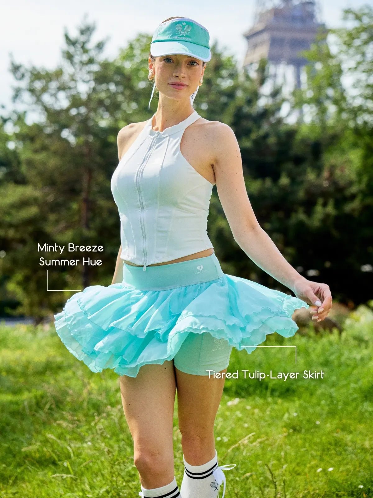 Spin Mesh Fairy Tennis Skirt Mint Green, summer color tennis skort with three tier tulip hem, flowy flower inspired skirt design, and elegant sporty style