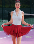 Spin Petal Tiered Skirt Wine Red detail, showcasing high waisted fit and lightweight chiffon layered petal hem, creating a flattering and elegant silhouette
