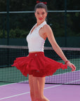 Spin Petal Tiered Skirt Wine Red, women's tennis skort with high waisted fit, three tier petal inspired chiffon layers, and elegant sporty style