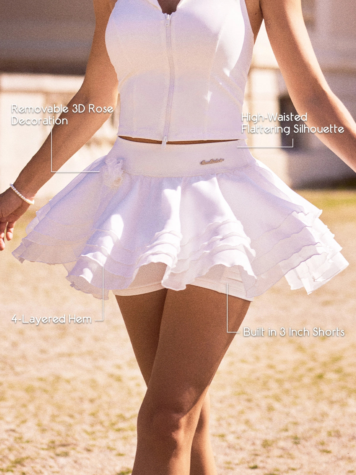Tennis Skirt with Removable 3D Rose Decoration, High-Waisted Flattering Silhouette, 4-Layered Hem & Built-in 3 Inch Shorts – Spin™ Rose Petal Skirt White