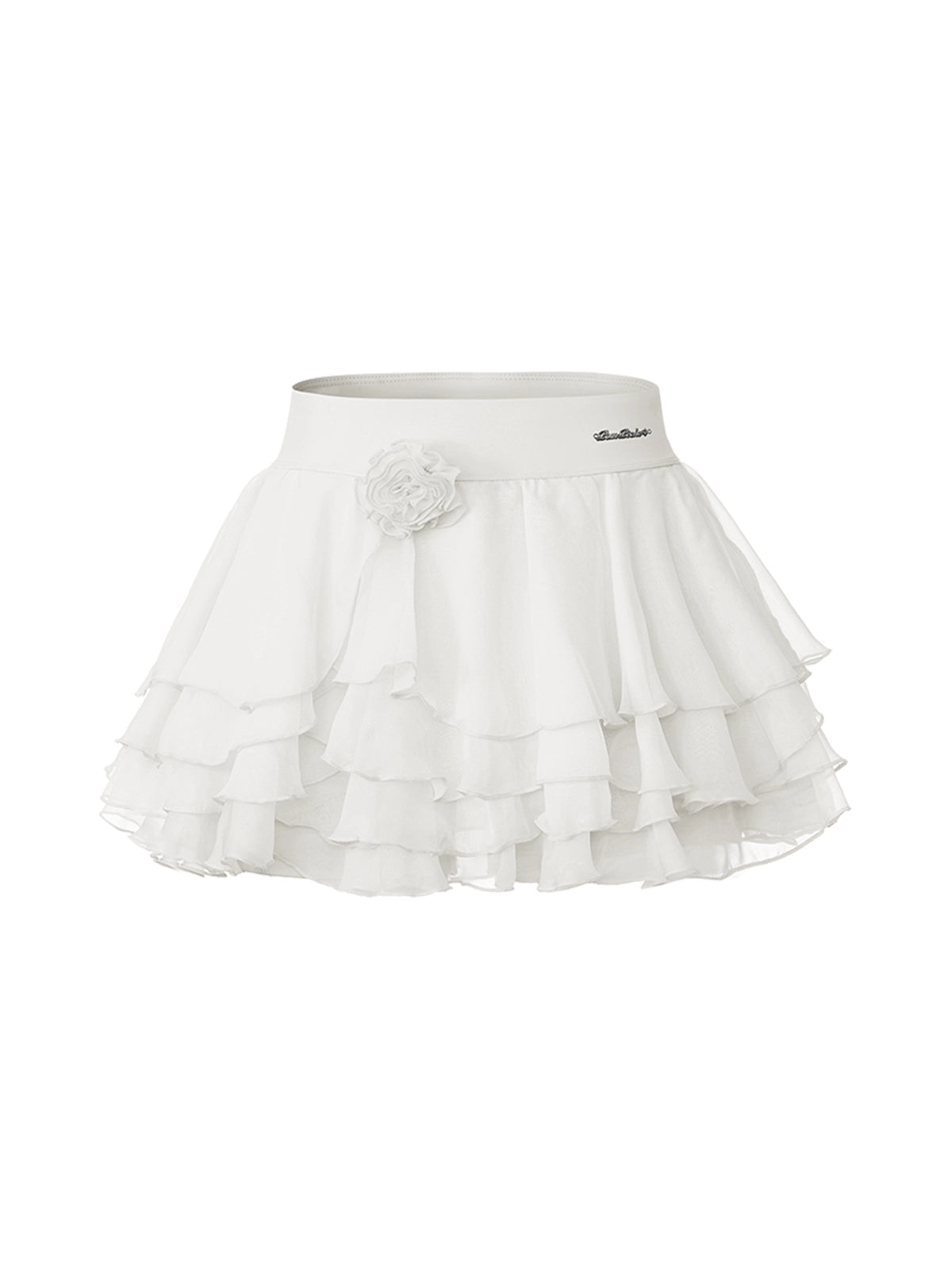 Spin™ Rose Petal Skirt White – High-Waisted 4-Layered Ruffle Tennis Skirt with Removable 3D Rose Decoration, Pom Pêche Sports Club