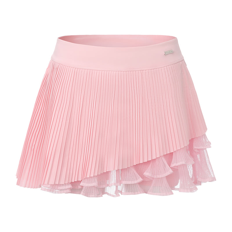 Flat lay view of Spin™ Waltz Layered Skirt in light pink with layered pleats and athletic details