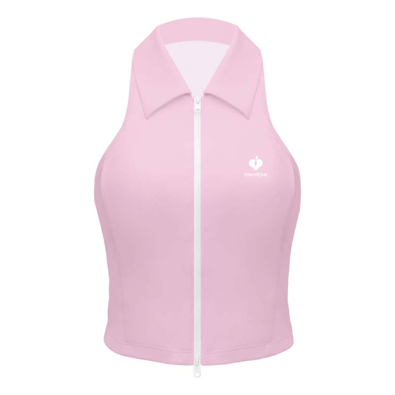 Flat lay view of Pink Tennis Zip Tank Top showing halter design, half-zip detail, and tailored athletic fit