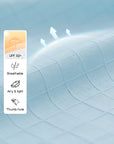 Fabric close-up of UPF cropped sun jacket, lightweight breathable material with UPF 50+ protection