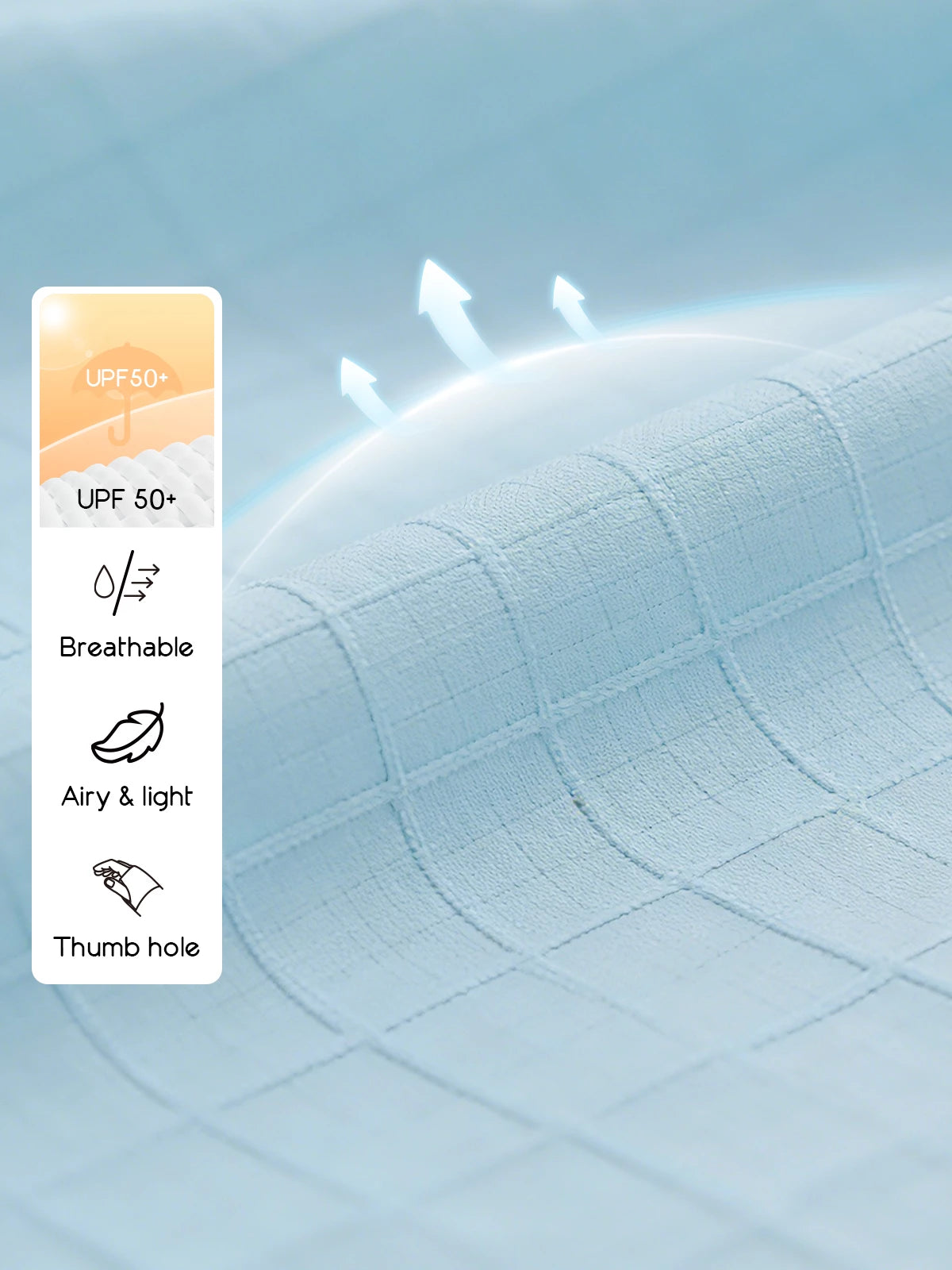 Fabric close-up of UPF cropped sun jacket, lightweight breathable material with UPF 50+ protection