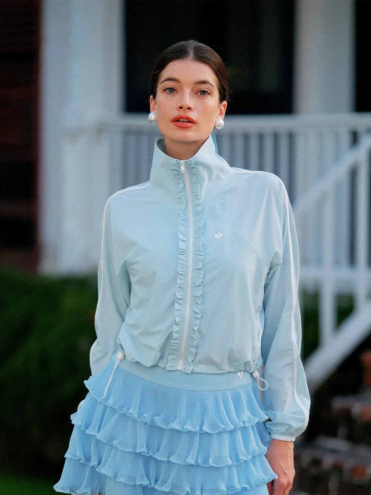 UPF cropped sun jacket in light blue, women’s lightweight sun protection jacket front view