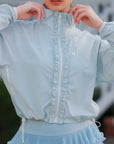 Close-up of UPF cropped sun jacket zipper detail, lightweight women’s outdoor sports jacket
