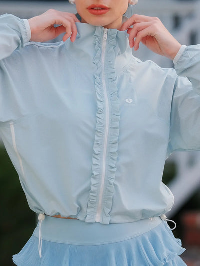 Close-up of UPF cropped sun jacket zipper detail, lightweight women’s outdoor sports jacket