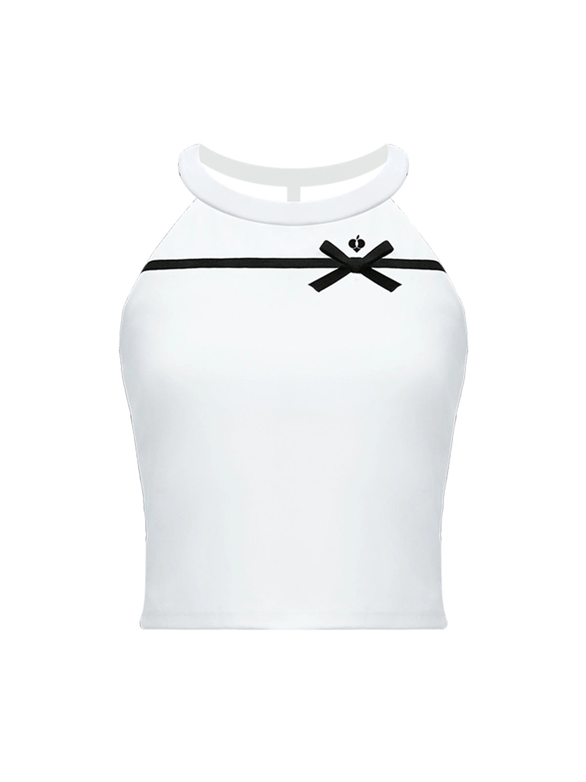 White Bow Halter Tennis Top flat lay on white background – halter neckline, contrast black ribbon bow, built-in removable padding