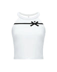 White Bow Halter Tennis Top flat lay on white background – halter neckline, contrast black ribbon bow, built-in removable padding