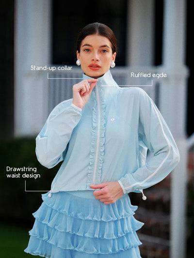 Close-up of women’s sun jacket, featuring stand-up collar, ruffled edge, and adjustable drawstring waist for a flattering fit