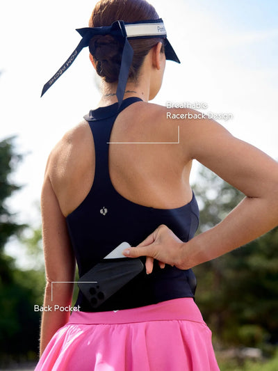 Zip-Neck Halter Racerback Tank black back view, featuring open racerback design for breathability and secure athletic fit