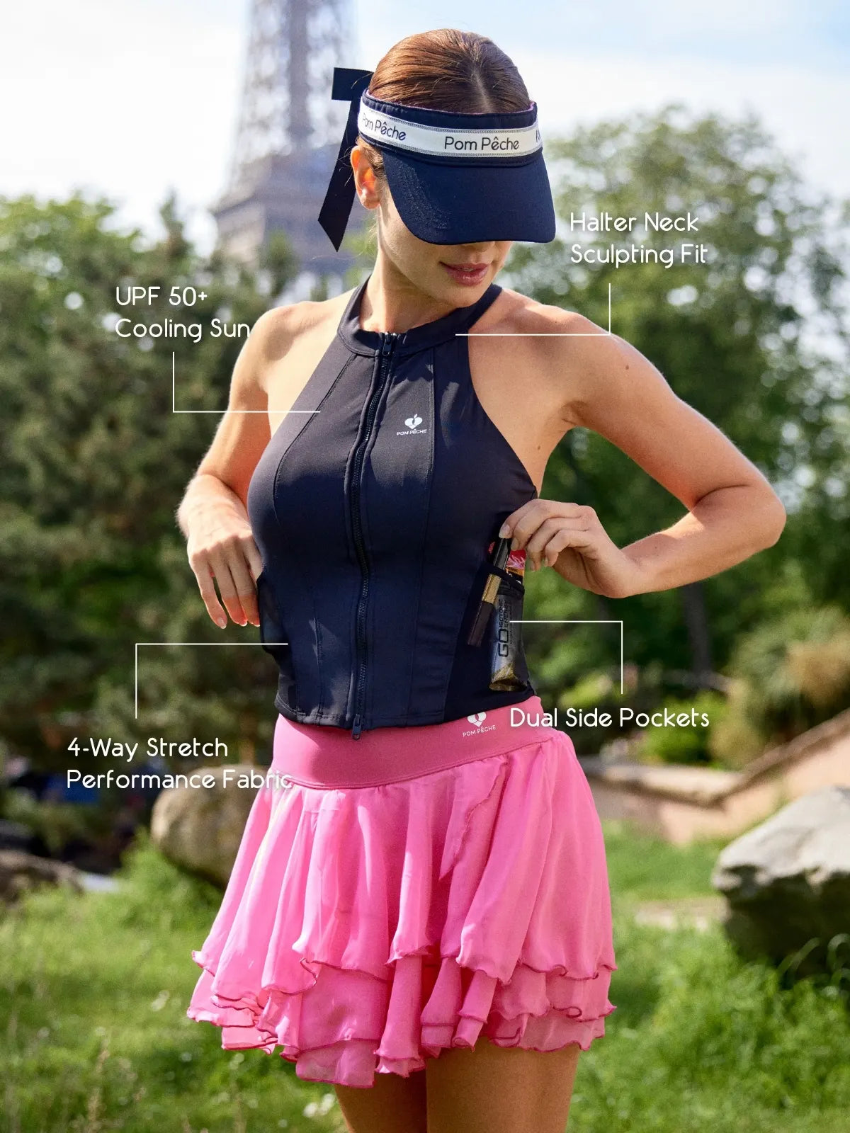 Zip-Neck Halter Tank black detail, showcasing soft 4-way stretch performance fabric, halter neckline design, and built-in removable padded bra for comfort