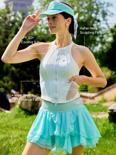 Zip-Neck Halter Tank White detail, showcasing halter neckline design, breathable performance fabric, and built-in removable padded bra for comfort