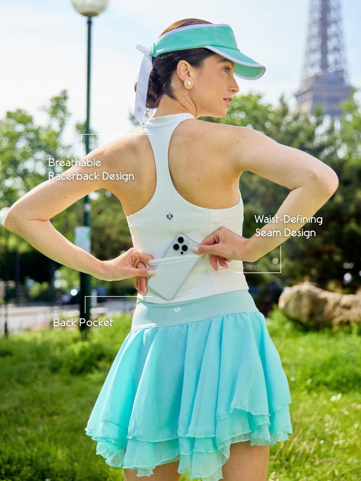 Zip-Neck Halter Tank White back view, showcasing open racerback design for enhanced breathability and unrestricted movement